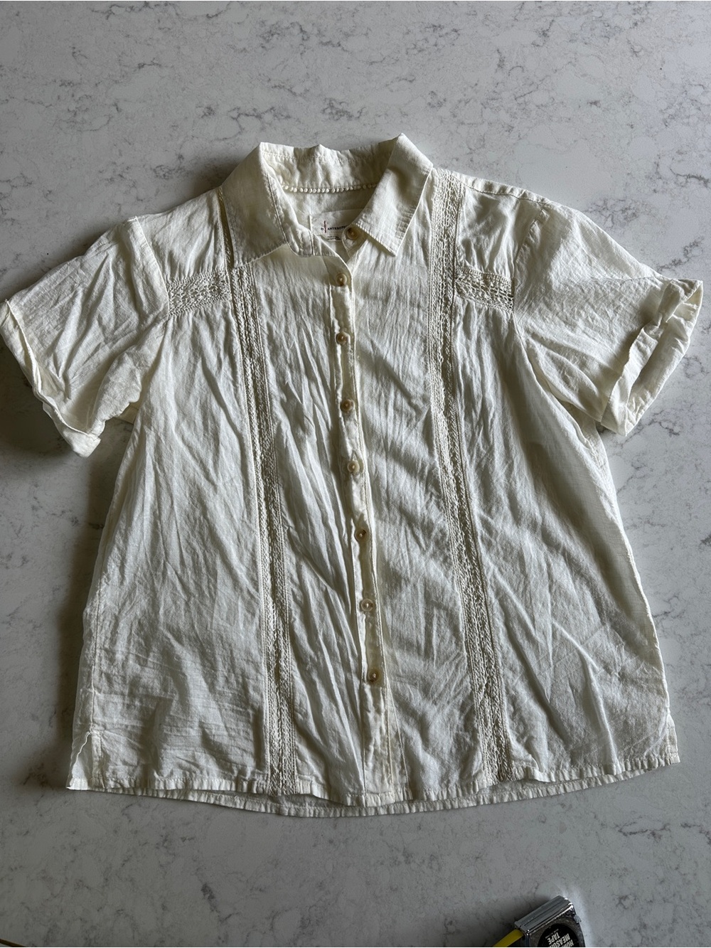 Anthropologie Ivory Short-Sleeve Button-Down with Lace Panels